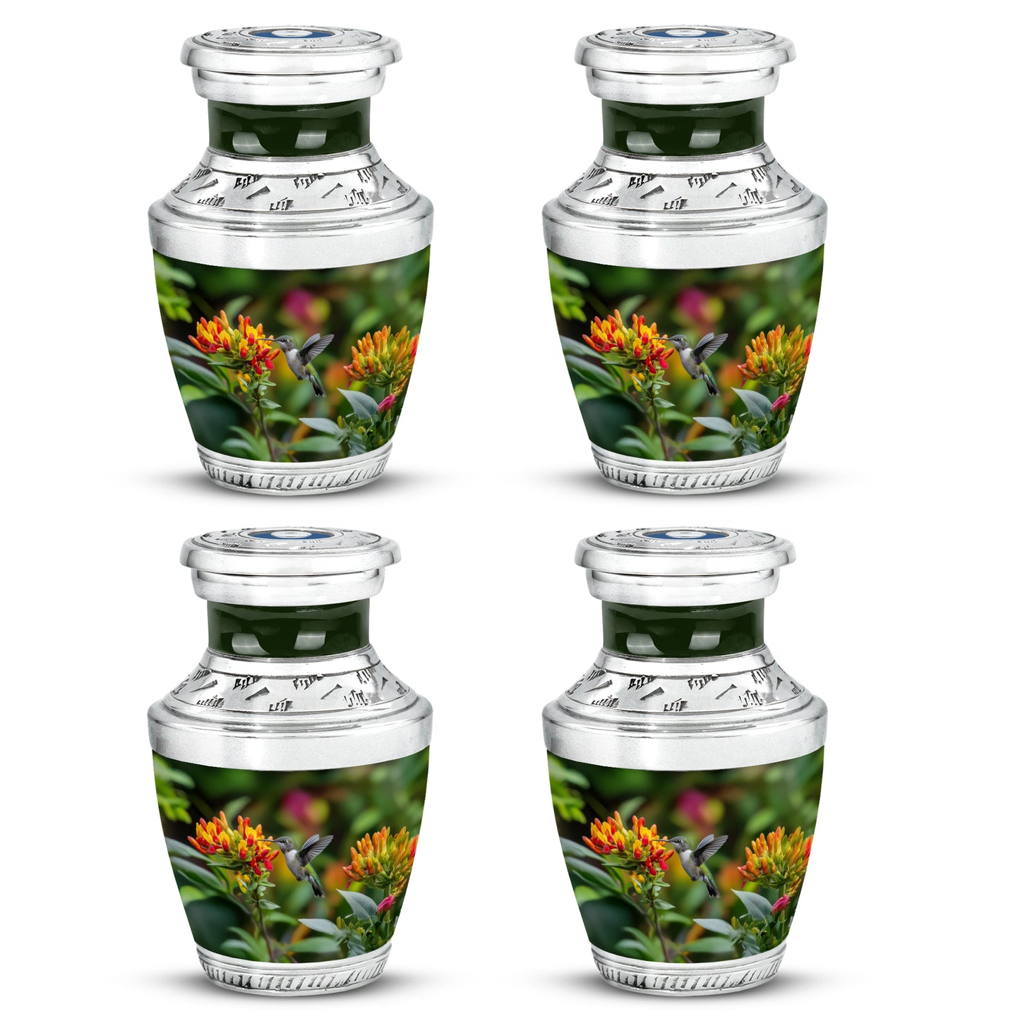 Amber Yellow Hummingbird Cremation Urn back view with polished surface - contemporary hummingbird design with modern artistic flair - 10 inch aluminum urn for cremated remains