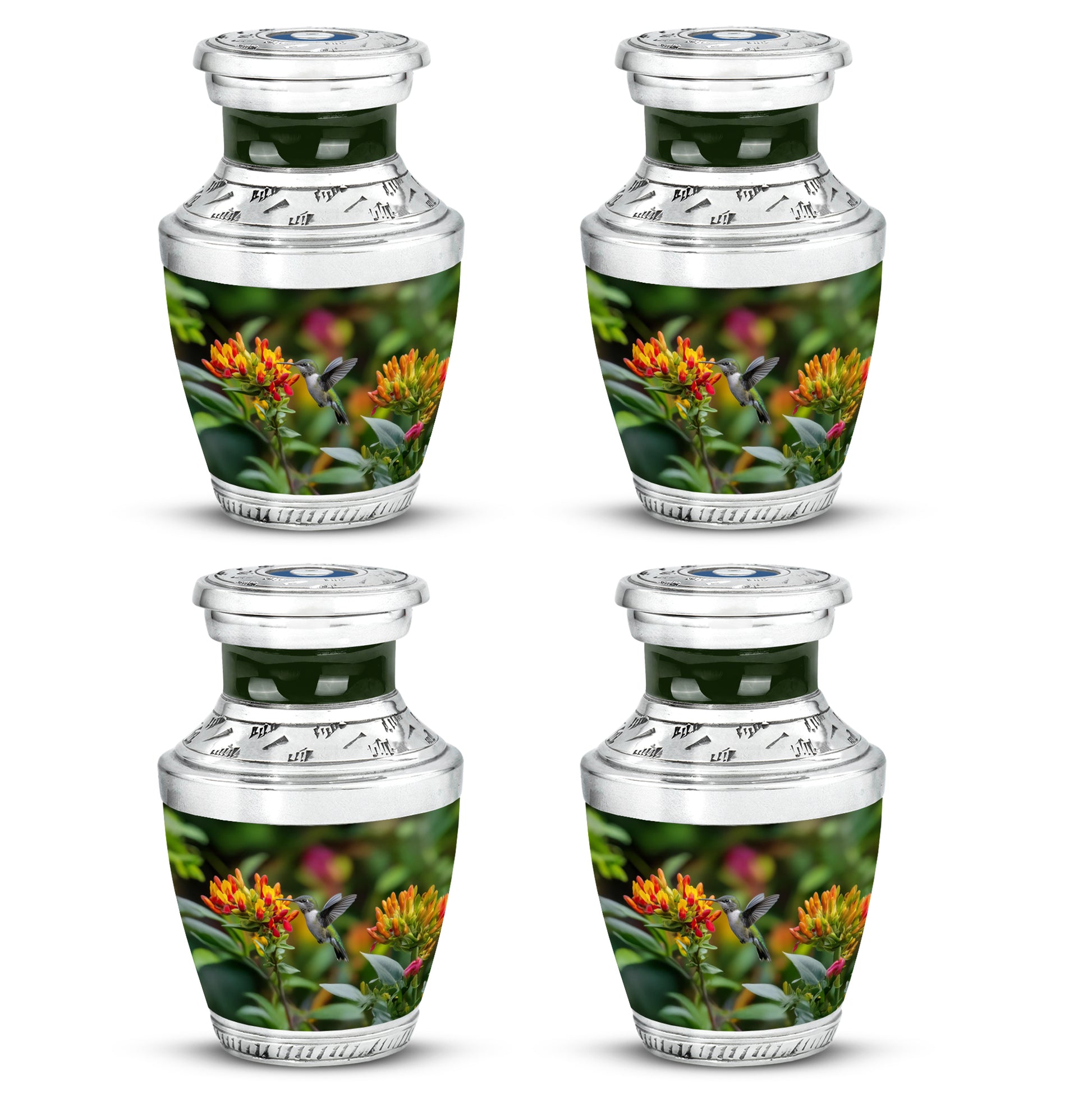 Amber Yellow Hummingbird Cremation Urn back view with polished surface - contemporary hummingbird design with modern artistic flair - 10 inch aluminum urn for cremated remains