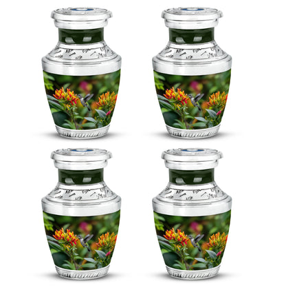 Amber Yellow Hummingbird Cremation Urn back view with polished surface - contemporary hummingbird design with modern artistic flair - 10 inch aluminum urn for cremated remains