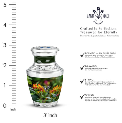 Marigold Yellow Hummingbird Cremation Urn top-down view of secure threaded lid - artistic hummingbird interpretation with creative detail - mini keepsake memorial for portion of cremation ashes