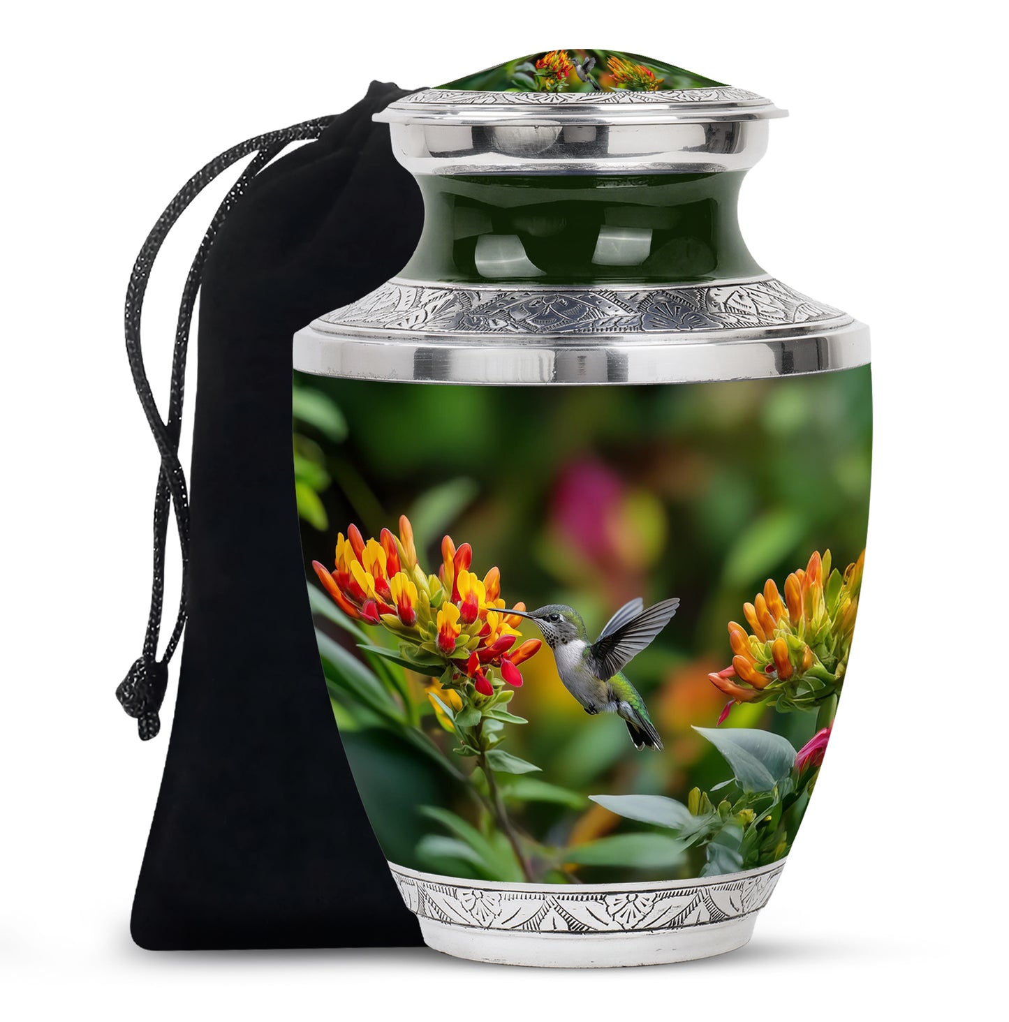 Marigold Yellow Hummingbird Cremation Urn side profile showing urn shape - artistic hummingbird interpretation with creative detail - full-size 10 inch 200 cubic inch adult cremation urn