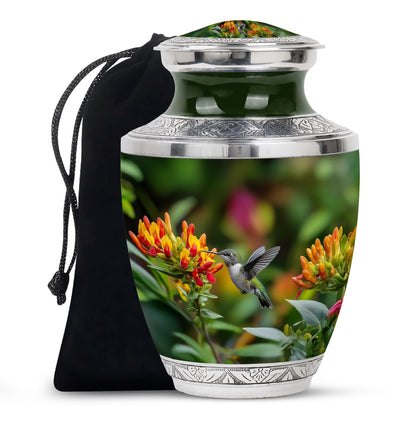 Marigold Yellow Hummingbird Cremation Urn side profile showing urn shape - artistic hummingbird interpretation with creative detail - full-size 10 inch 200 cubic inch adult cremation urn