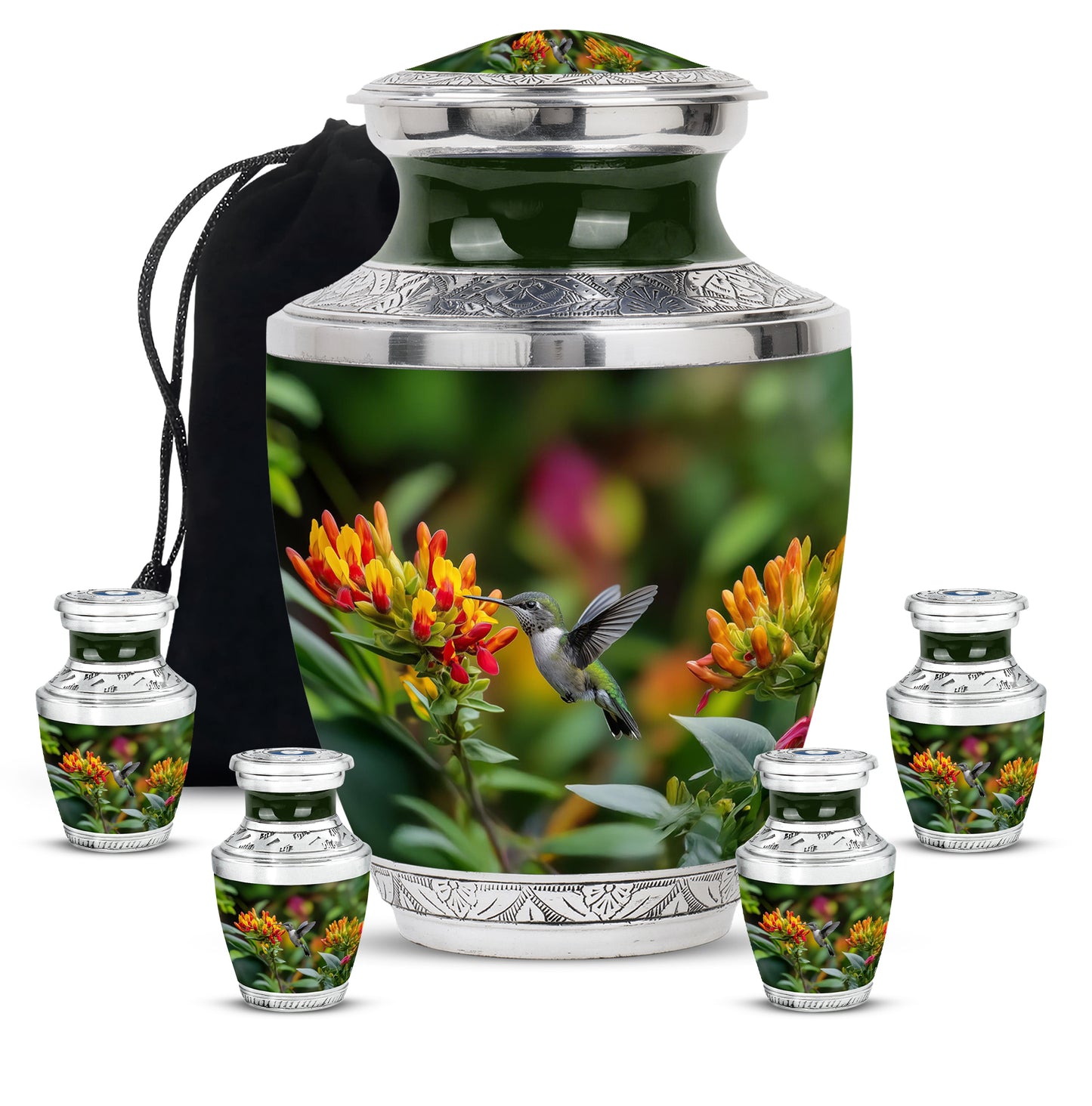 Marigold Yellow Hummingbird Cremation Urn lifestyle display on memorial shelf - stylized abstract hummingbird pattern with bold lines - memorial set with one large and four small urns
