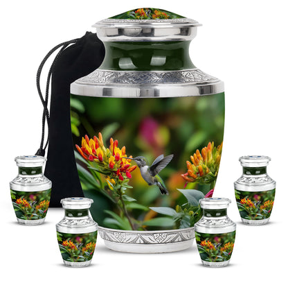 Marigold Yellow Hummingbird Cremation Urn lifestyle display on memorial shelf - stylized abstract hummingbird pattern with bold lines - memorial set with one large and four small urns