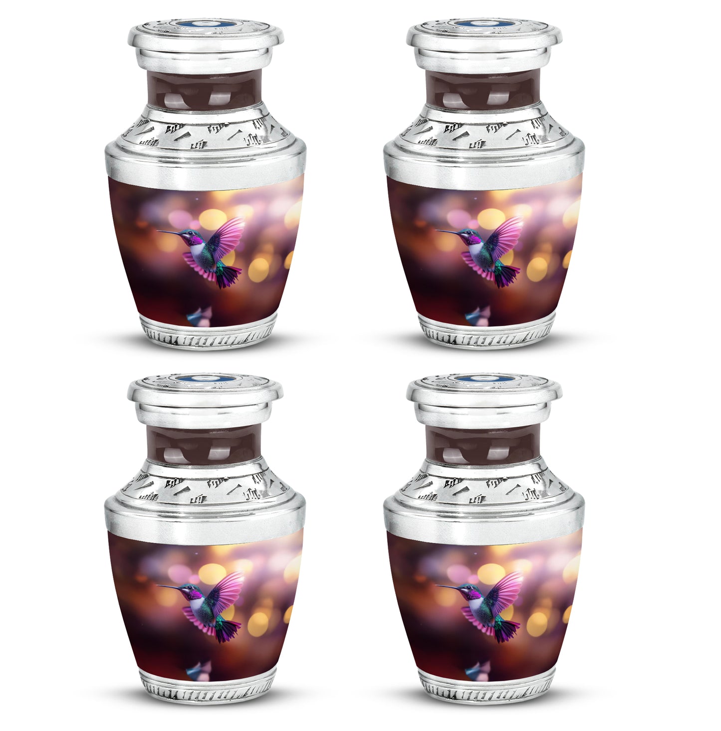 Deep Red Hummingbird Cremation Urn back view with polished surface - contemporary hummingbird design with modern artistic flair - 10 inch aluminum urn for cremated remains
