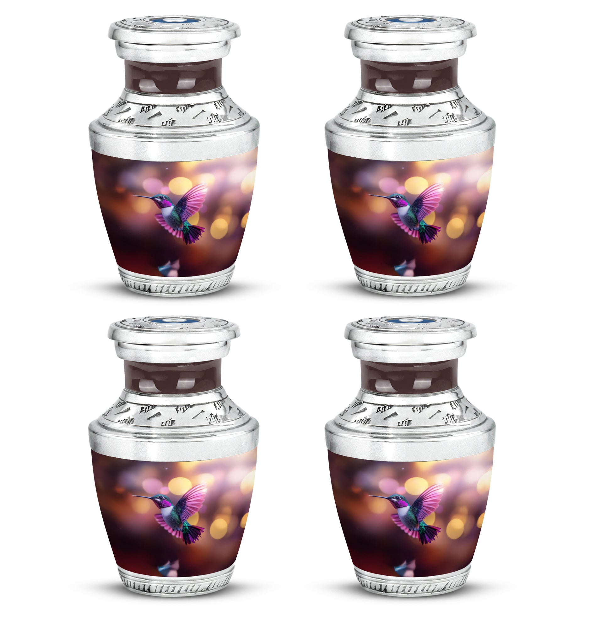 Deep Red Hummingbird Cremation Urn back view with polished surface - contemporary hummingbird design with modern artistic flair - 10 inch aluminum urn for cremated remains