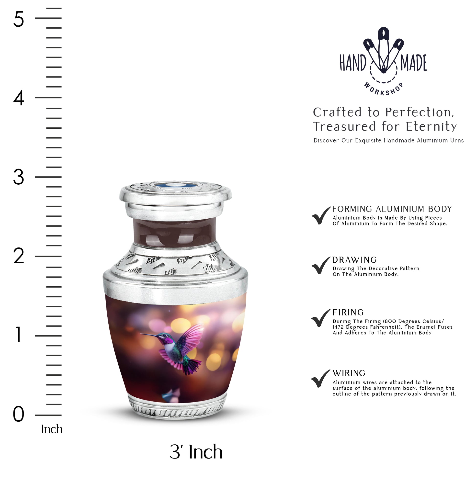Wine Red Hummingbird Cremation Urn top-down view of secure threaded lid - modern art-inspired hummingbird motif on sleek aluminum - mini keepsake memorial for portion of cremation ashes