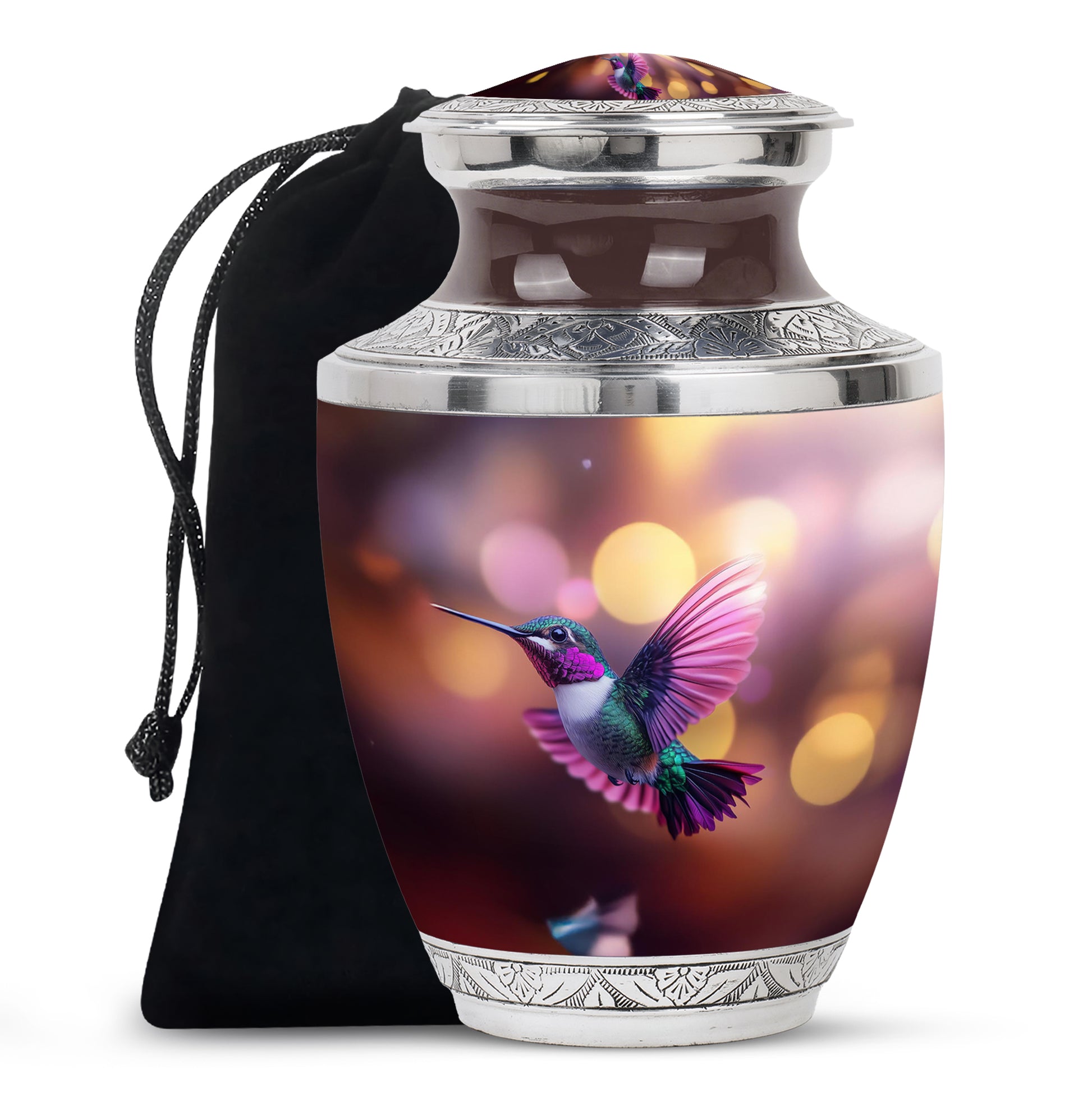Scarlet Red Hummingbird Cremation Urn side profile showing urn shape - artistic hummingbird interpretation with creative detail - full-size 10 inch 200 cubic inch adult cremation urn