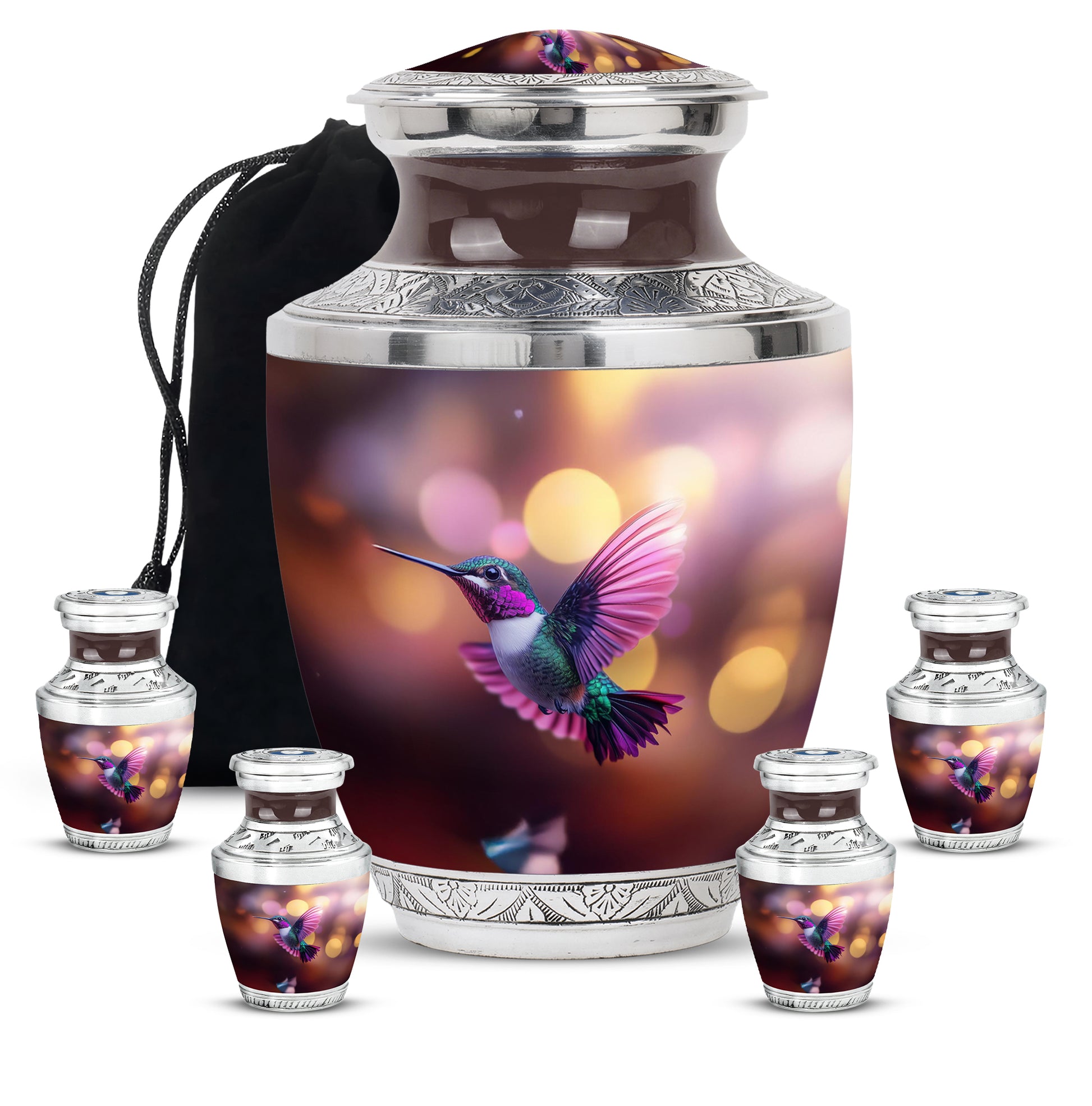 Deep Red Hummingbird Cremation Urn lifestyle display on memorial shelf - modern art-inspired hummingbird motif on sleek aluminum - memorial set with one large and four small urns