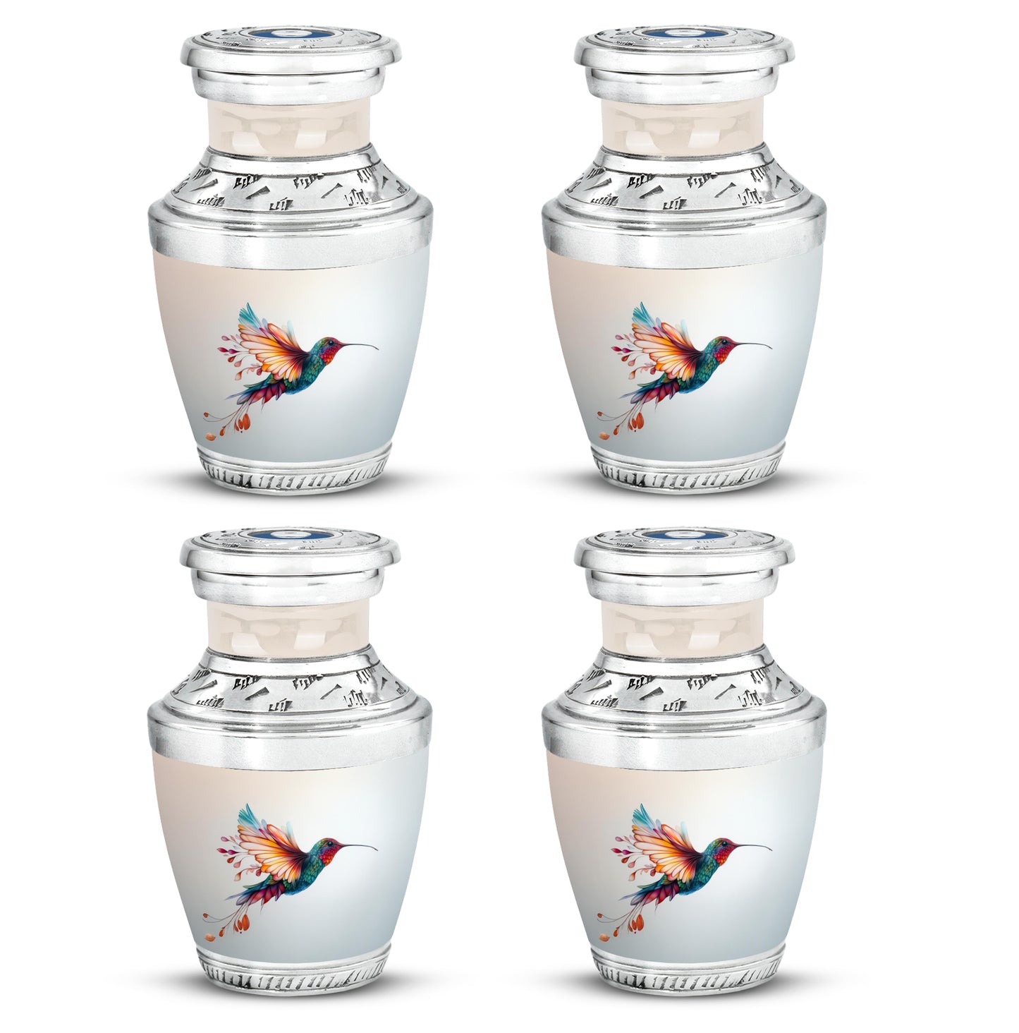 Gleaming Silver Hummingbird Cremation Urn back view with polished surface - modern art-inspired hummingbird motif on sleek aluminum - 10 inch aluminum urn for cremated remains