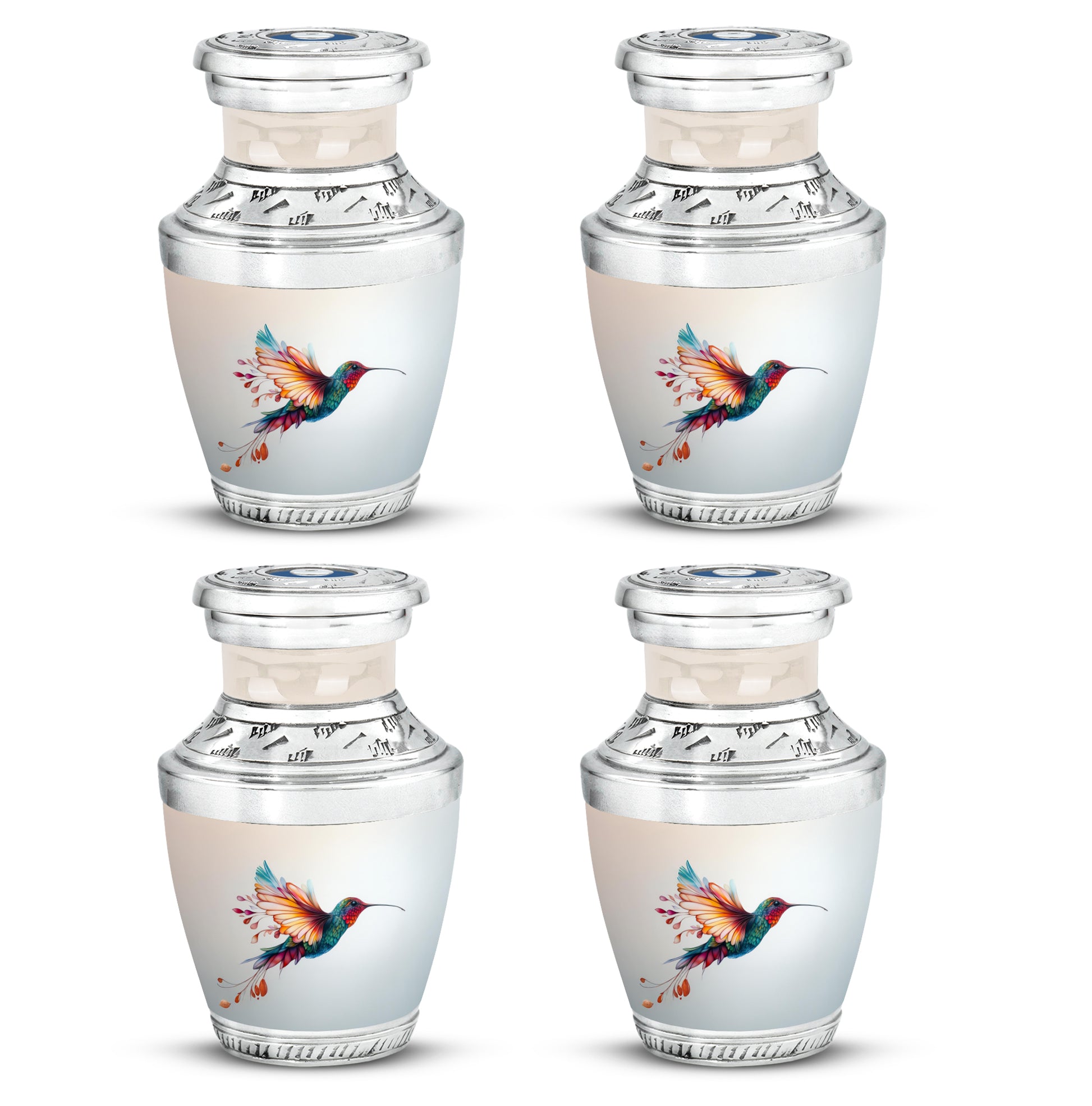 Gleaming Silver Hummingbird Cremation Urn back view with polished surface - modern art-inspired hummingbird motif on sleek aluminum - 10 inch aluminum urn for cremated remains