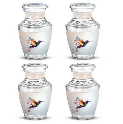 Gleaming Silver Hummingbird Cremation Urn back view with polished surface - modern art-inspired hummingbird motif on sleek aluminum - 10 inch aluminum urn for cremated remains