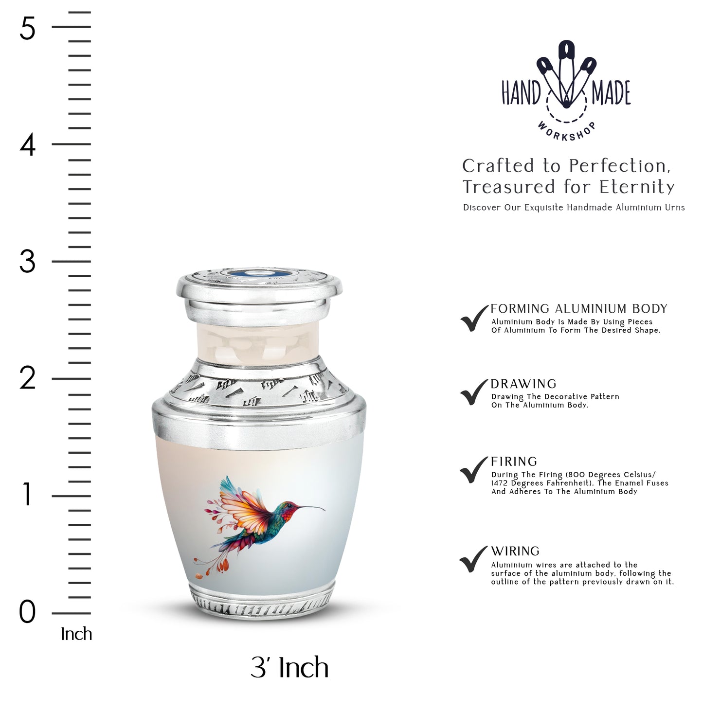 Satin Silver Hummingbird Cremation Urn top-down view of secure threaded lid - modern art-inspired hummingbird motif on sleek aluminum - mini keepsake memorial for portion of cremation ashes