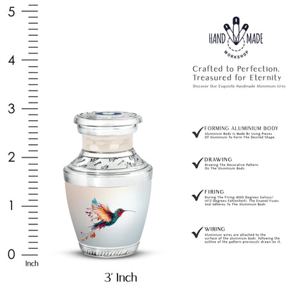 Satin Silver Hummingbird Cremation Urn top-down view of secure threaded lid - modern art-inspired hummingbird motif on sleek aluminum - mini keepsake memorial for portion of cremation ashes