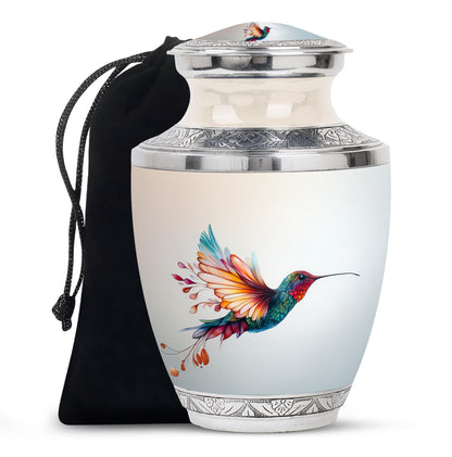 Polished Silver Hummingbird Cremation Urn side profile showing urn shape - stylized abstract hummingbird pattern with bold lines - full-size 10 inch 200 cubic inch adult cremation urn