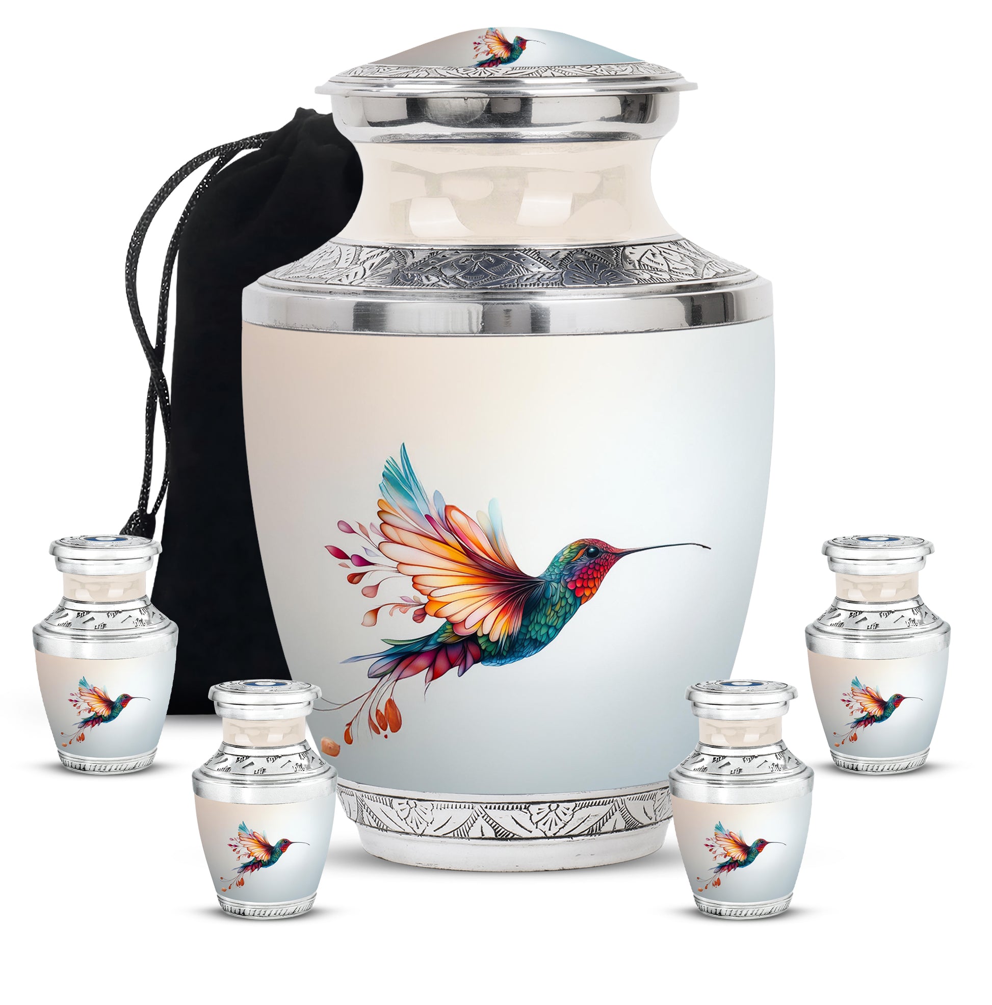 Frosted Silver Hummingbird Cremation Urn lifestyle display on memorial shelf - artistic hummingbird interpretation with creative detail - memorial set with one large and four small urns