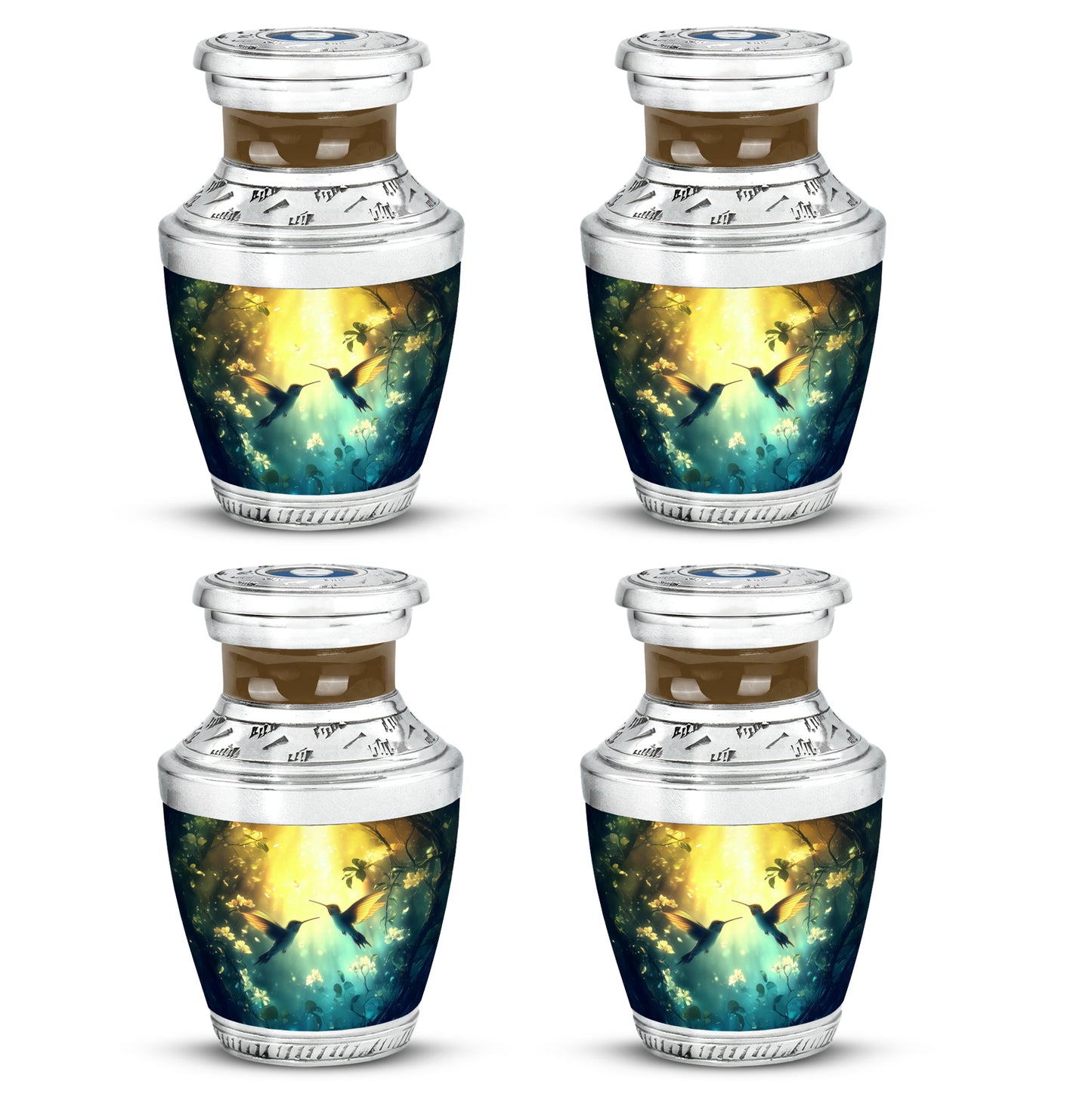 Burnished Gold Hummingbird Cremation Urn back view with polished surface - stylized abstract hummingbird pattern with bold lines - 10 inch aluminum urn for cremated remains