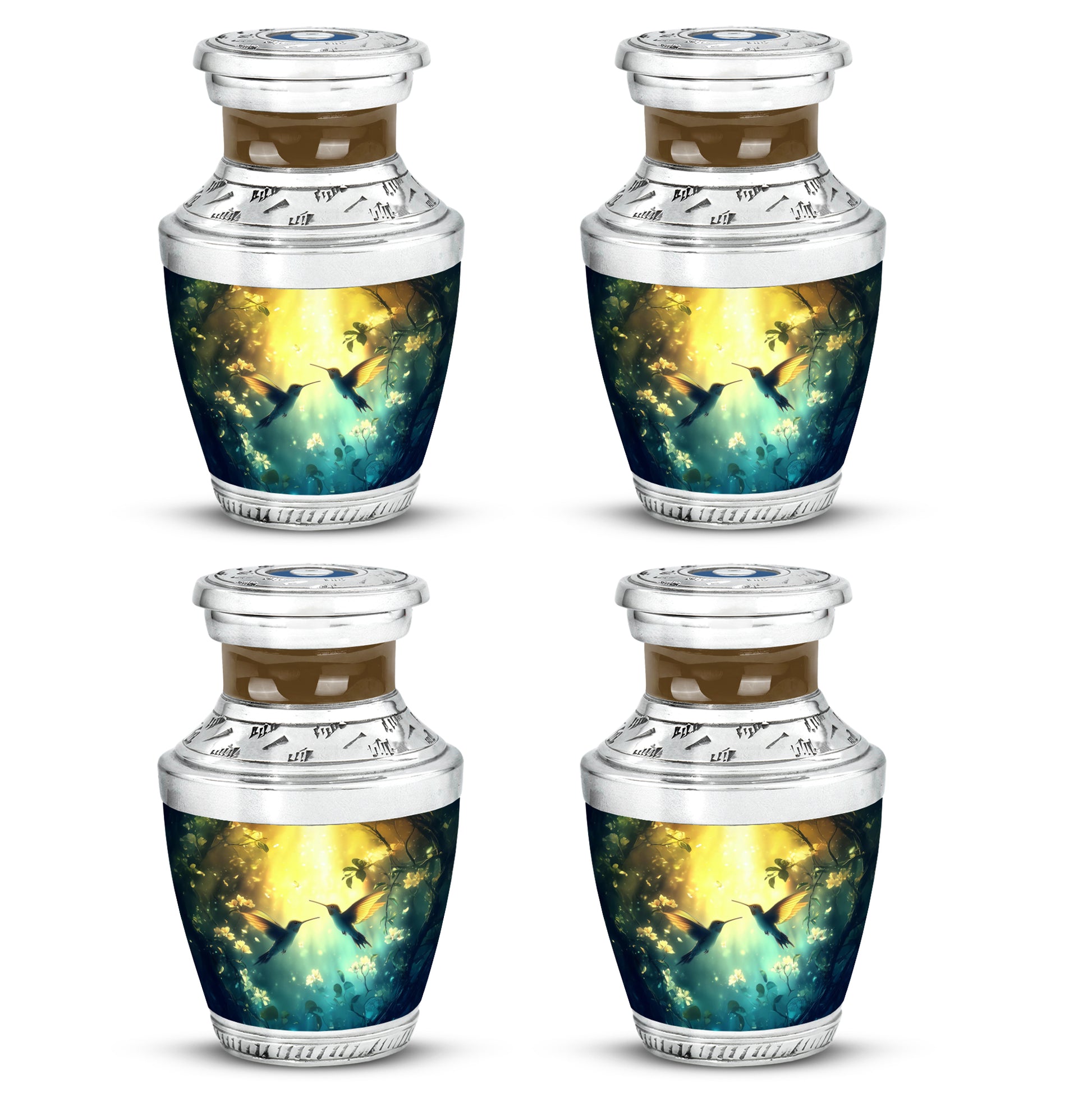 Burnished Gold Hummingbird Cremation Urn back view with polished surface - stylized abstract hummingbird pattern with bold lines - 10 inch aluminum urn for cremated remains