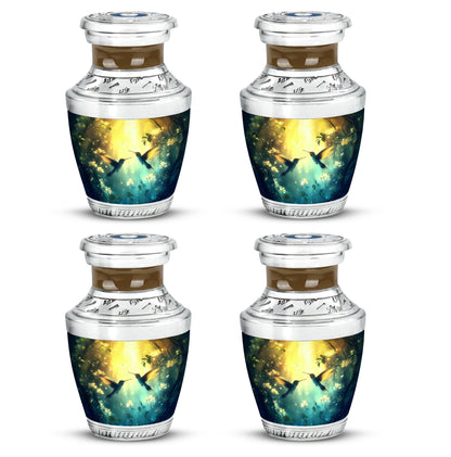 Burnished Gold Hummingbird Cremation Urn back view with polished surface - stylized abstract hummingbird pattern with bold lines - 10 inch aluminum urn for cremated remains
