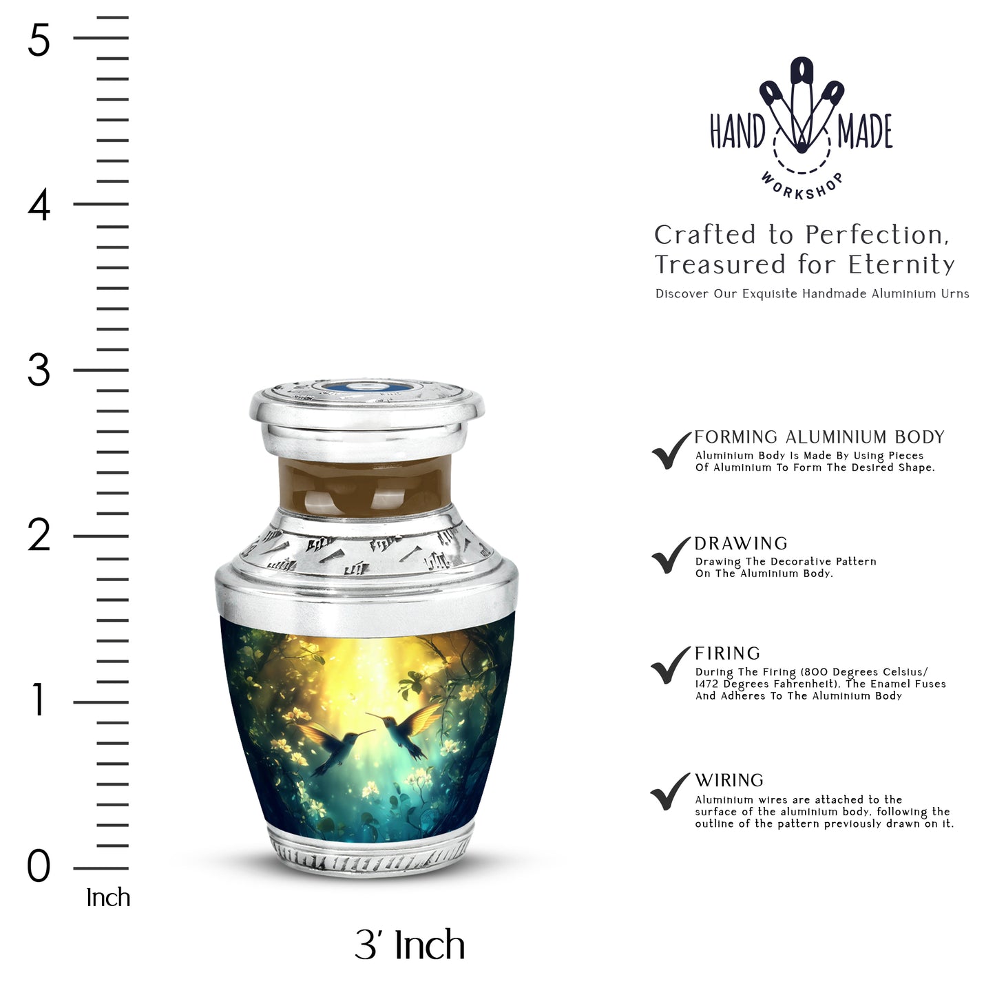 Champagne Gold Hummingbird Cremation Urn top-down view of secure threaded lid - contemporary hummingbird design with modern artistic flair - mini keepsake memorial for portion of cremation ashes
