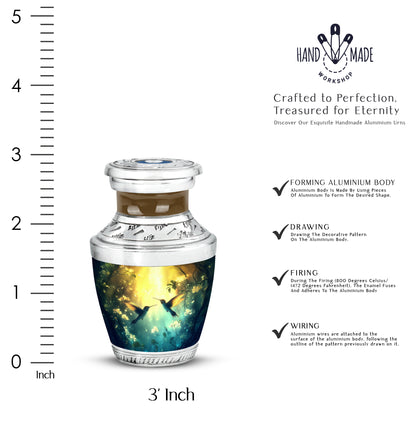 Champagne Gold Hummingbird Cremation Urn top-down view of secure threaded lid - contemporary hummingbird design with modern artistic flair - mini keepsake memorial for portion of cremation ashes