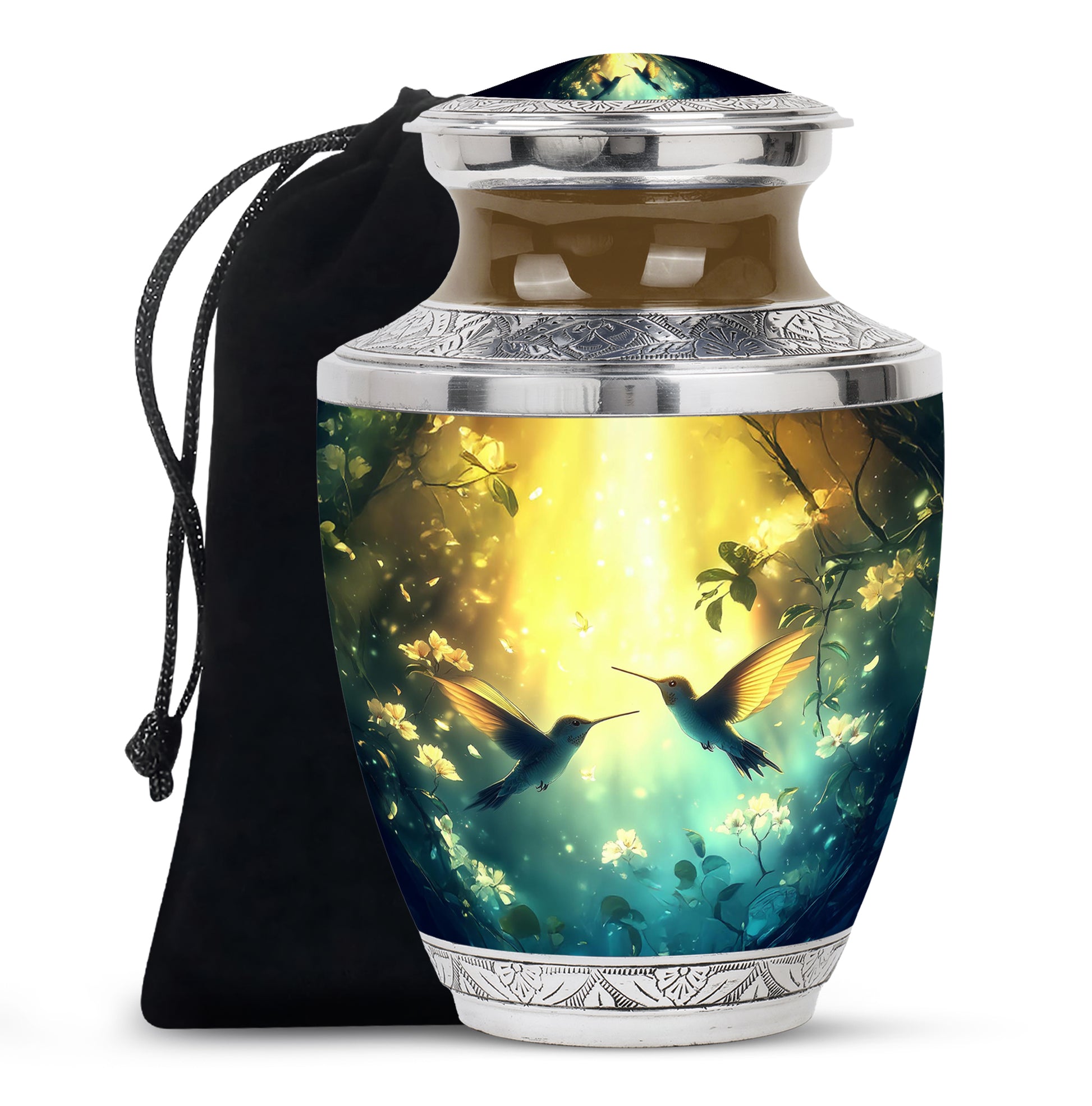 Amber Gold Hummingbird Cremation Urn side profile showing urn shape - modern art-inspired hummingbird motif on sleek aluminum - full-size 10 inch 200 cubic inch adult cremation urn