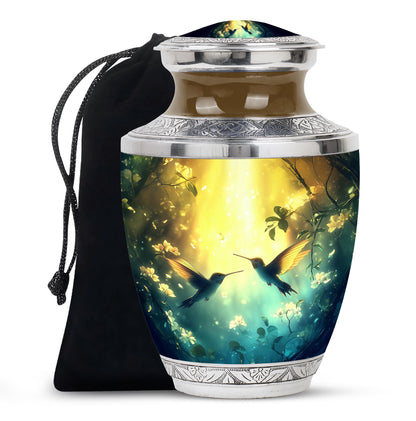 Amber Gold Hummingbird Cremation Urn side profile showing urn shape - modern art-inspired hummingbird motif on sleek aluminum - full-size 10 inch 200 cubic inch adult cremation urn