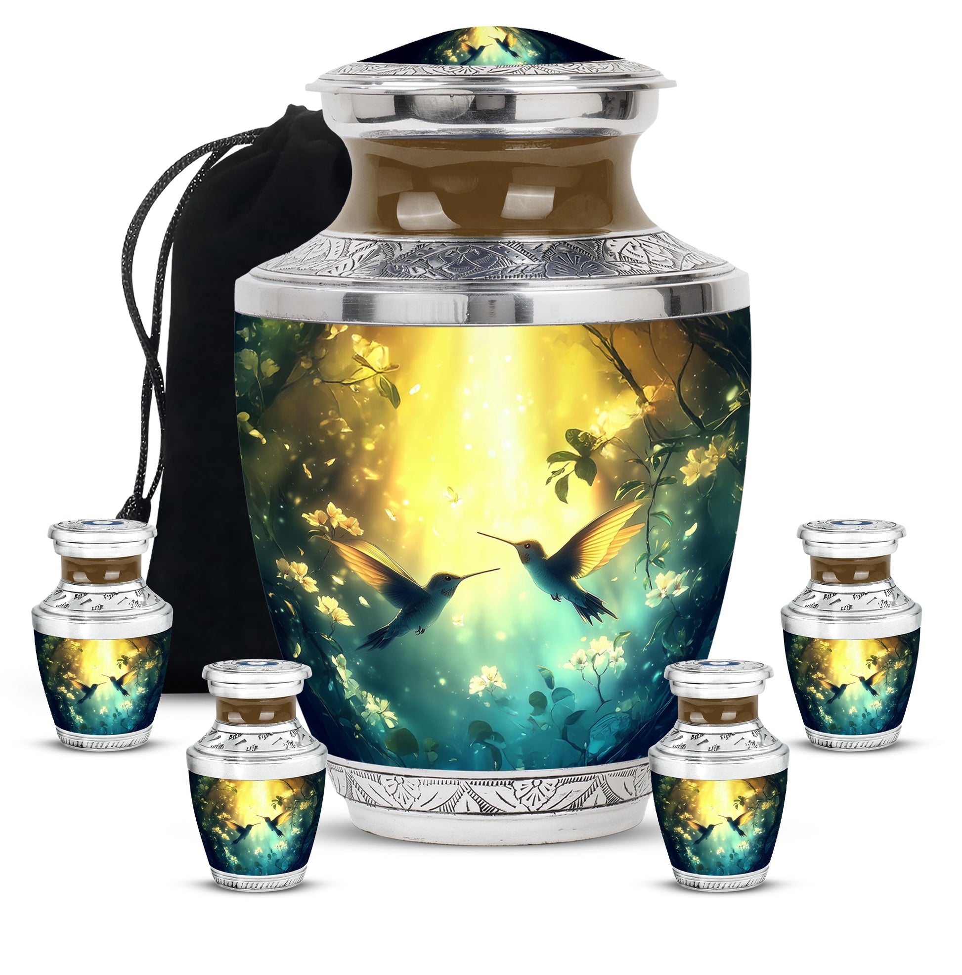 Royal Gold Hummingbird Cremation Urn lifestyle display on memorial shelf - artistic hummingbird interpretation with creative detail - memorial set with one large and four small urns