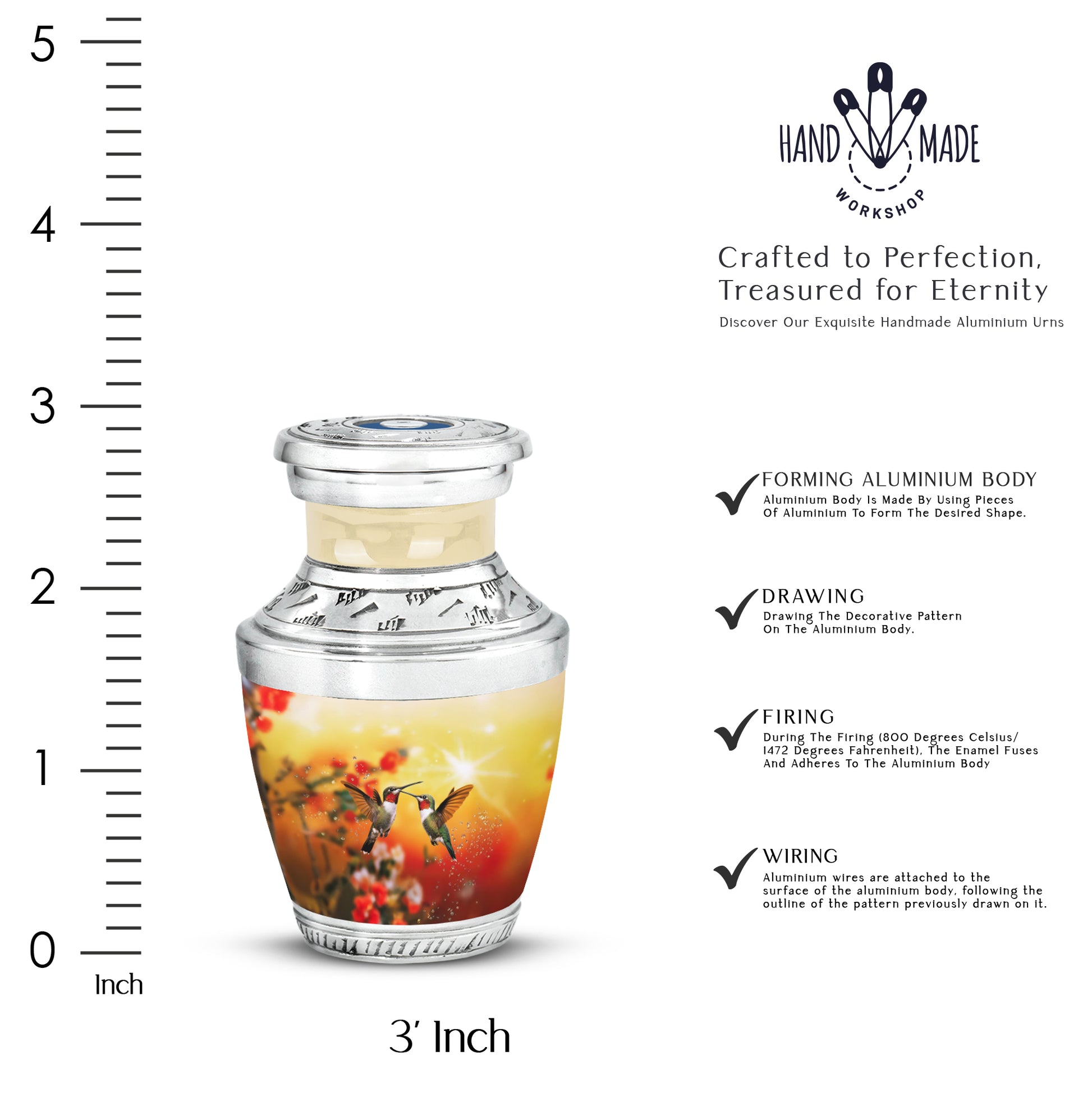 Antique Gold Hummingbird Cremation Urn top-down view of secure threaded lid - contemporary hummingbird design with modern artistic flair - mini keepsake memorial for portion of cremation ashes