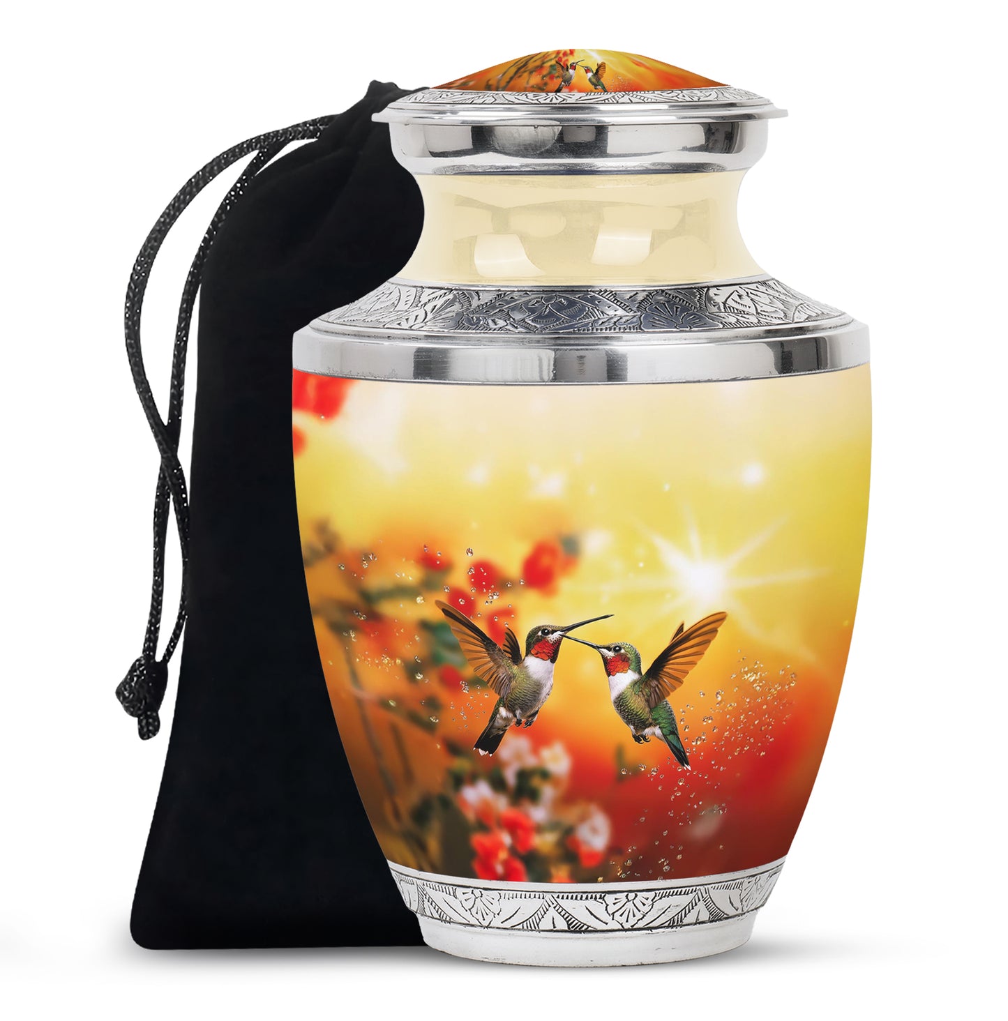 Gilded Gold Hummingbird Cremation Urn side profile showing urn shape - modern art-inspired hummingbird motif on sleek aluminum - full-size 10 inch 200 cubic inch adult cremation urn