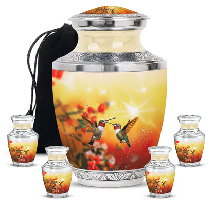 Royal Gold Hummingbird Cremation Urn lifestyle display on memorial shelf - artistic hummingbird interpretation with creative detail - memorial set with one large and four small urns