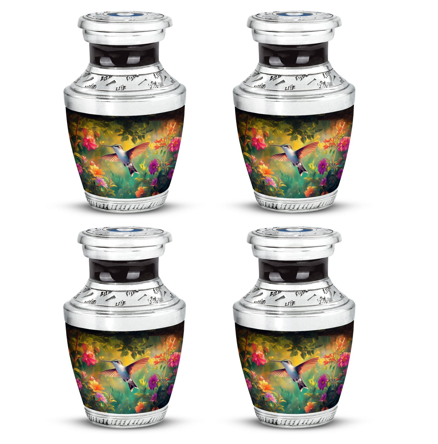Dark Black Hummingbird Cremation Urn back view with polished surface - stylized abstract hummingbird pattern with bold lines - 10 inch aluminum urn for cremated remains