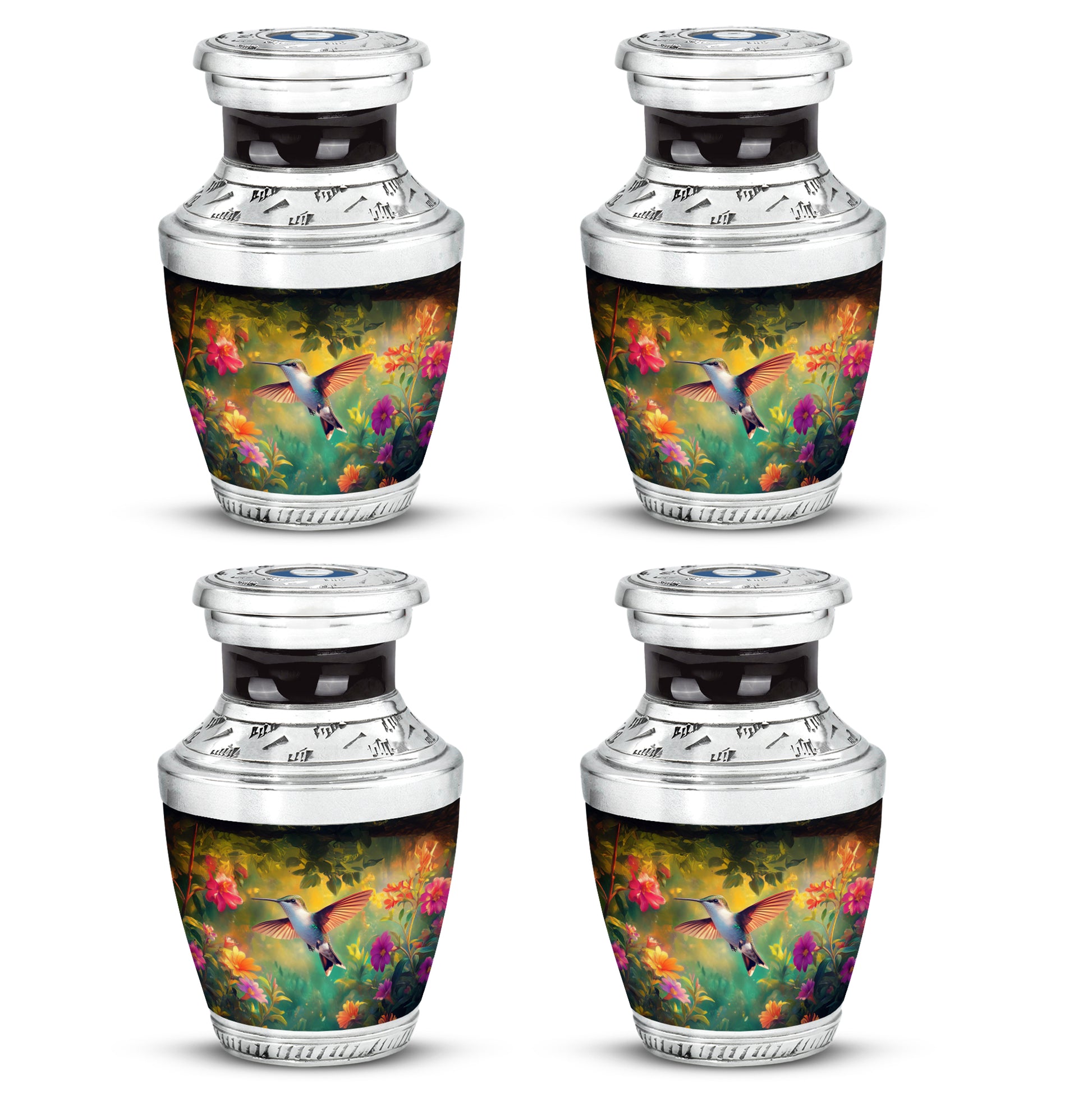 Dark Black Hummingbird Cremation Urn back view with polished surface - stylized abstract hummingbird pattern with bold lines - 10 inch aluminum urn for cremated remains