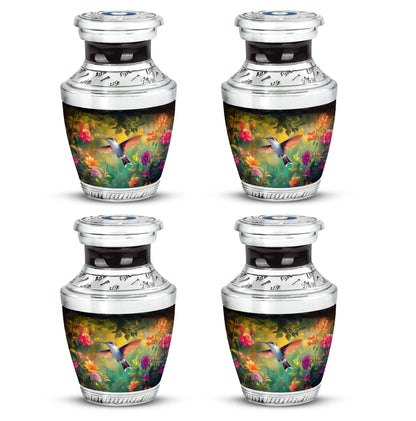 Dark Black Hummingbird Cremation Urn back view with polished surface - stylized abstract hummingbird pattern with bold lines - 10 inch aluminum urn for cremated remains