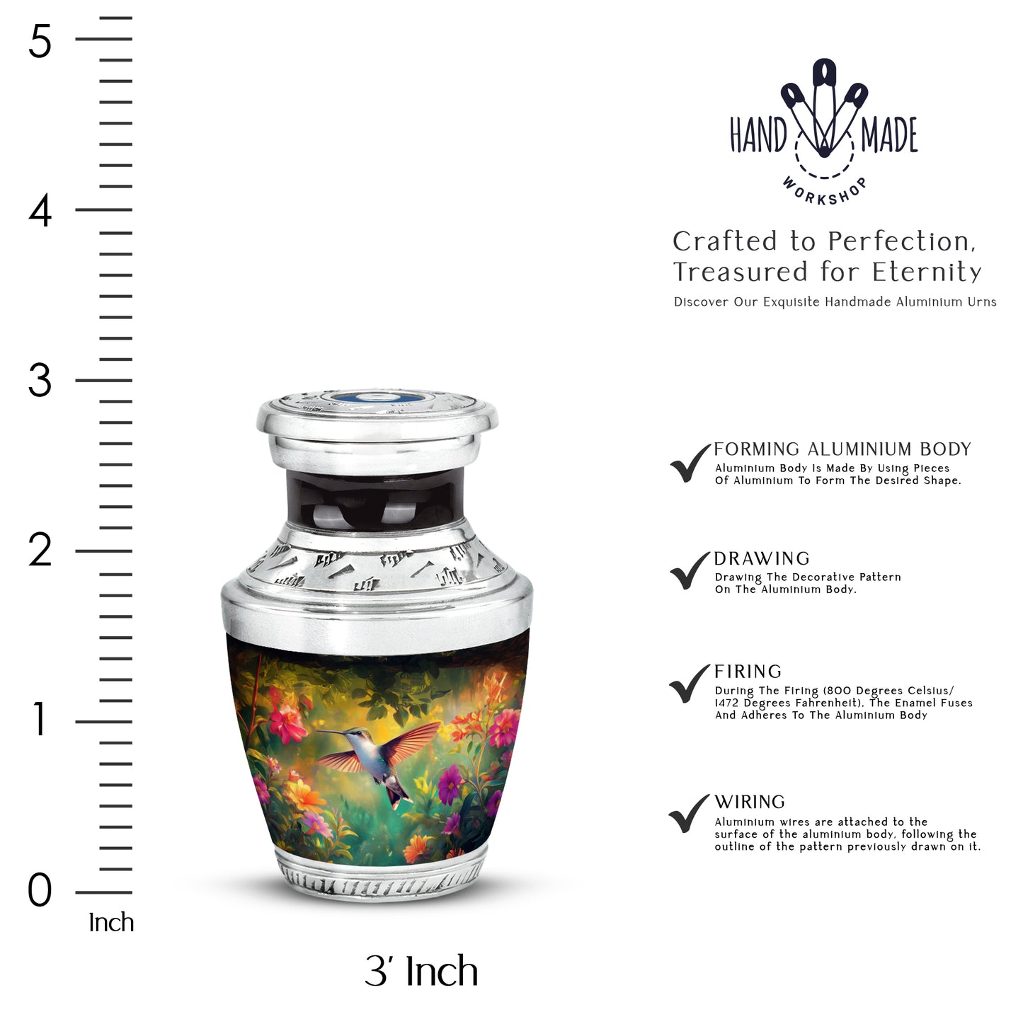 Rich Black Hummingbird Cremation Urn top-down view of secure threaded lid - contemporary hummingbird design with modern artistic flair - mini keepsake memorial for portion of cremation ashes