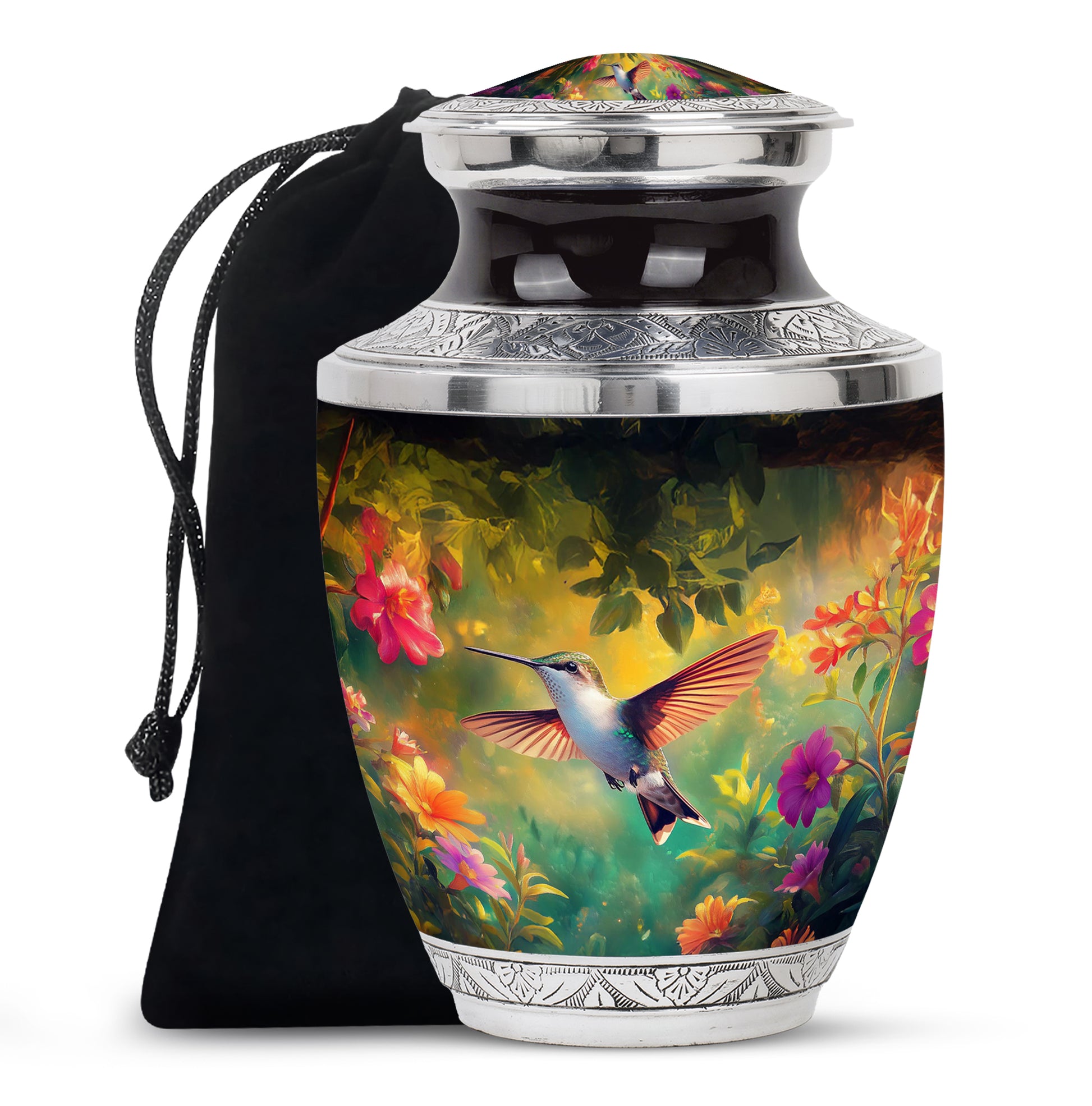 Rich Black Hummingbird Cremation Urn side profile showing urn shape - modern art-inspired hummingbird motif on sleek aluminum - full-size 10 inch 200 cubic inch adult cremation urn