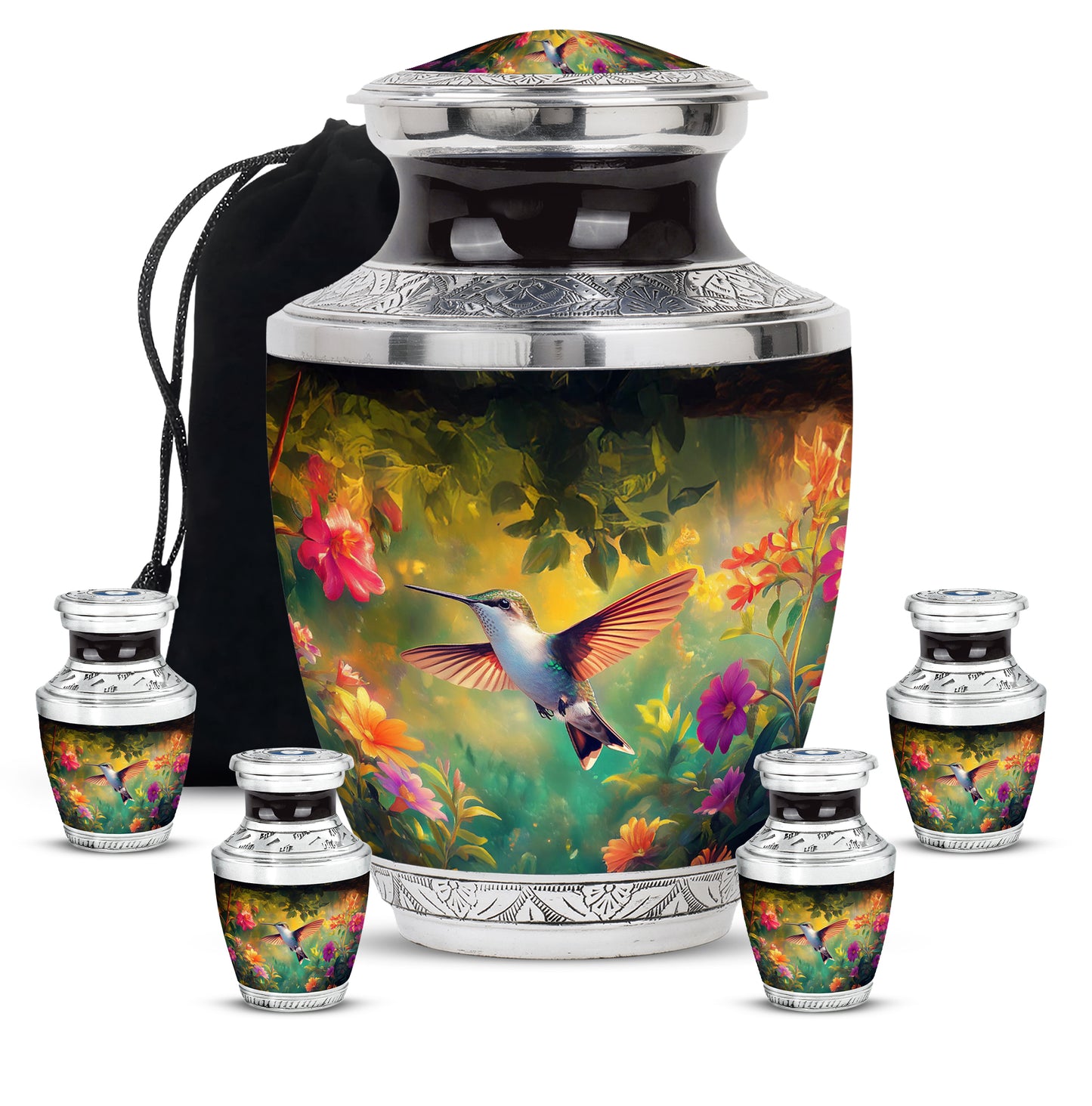 Glossy Black Hummingbird Cremation Urn lifestyle display on memorial shelf - modern art-inspired hummingbird motif on sleek aluminum - memorial set with one large and four small urns