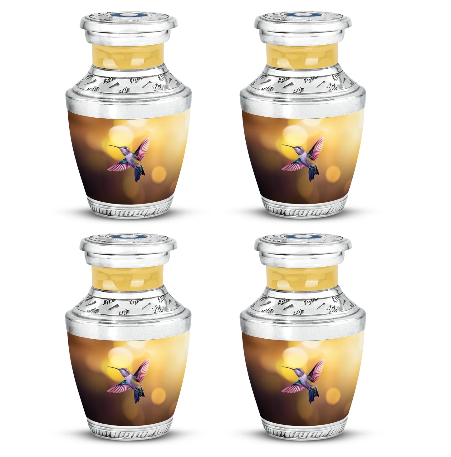 Harvest Gold Hummingbird Cremation Urn back view with polished surface - stylized abstract hummingbird pattern with bold lines - 10 inch aluminum urn for cremated remains