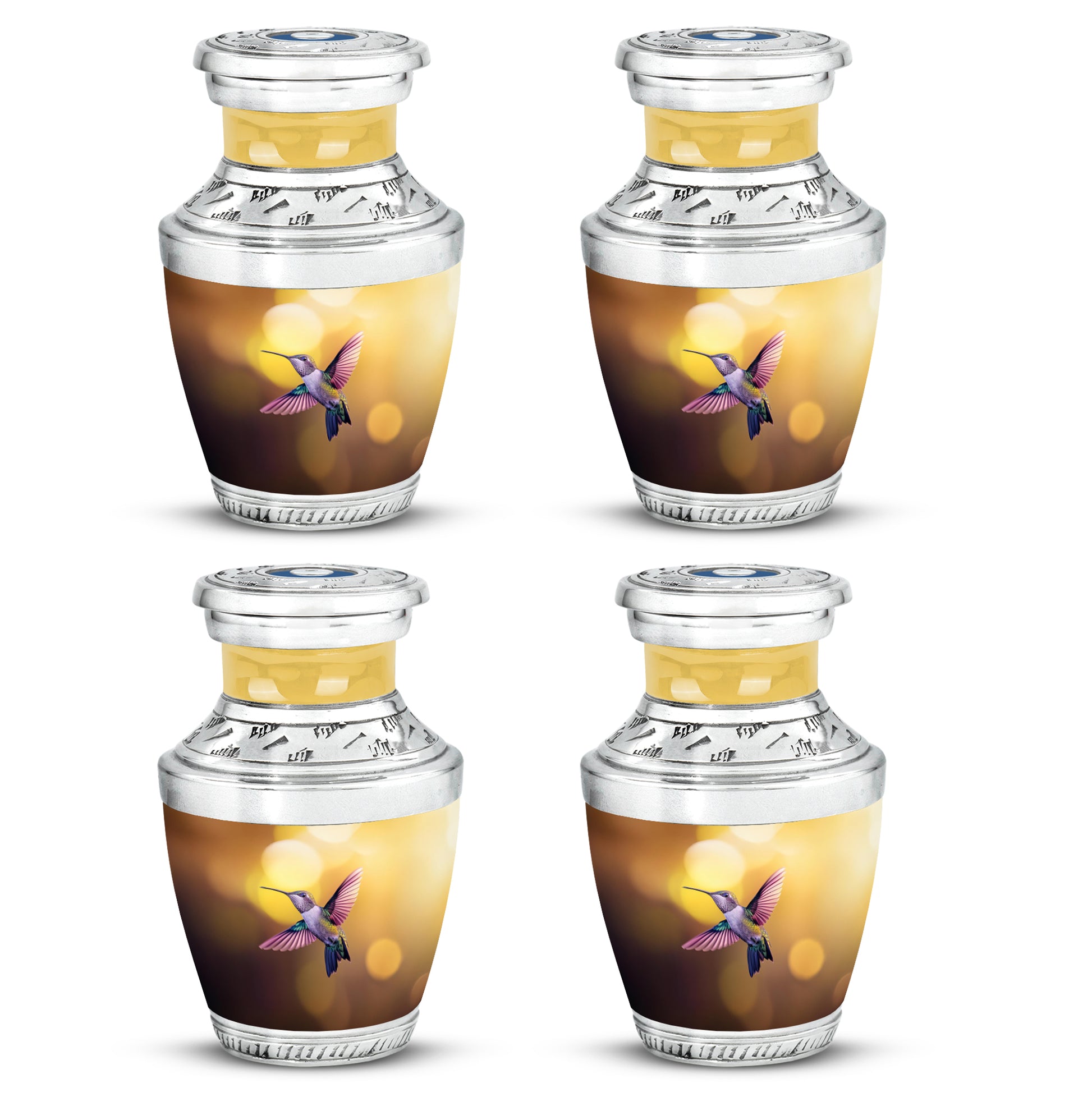 Harvest Gold Hummingbird Cremation Urn back view with polished surface - stylized abstract hummingbird pattern with bold lines - 10 inch aluminum urn for cremated remains