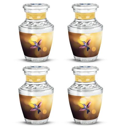 Harvest Gold Hummingbird Cremation Urn back view with polished surface - stylized abstract hummingbird pattern with bold lines - 10 inch aluminum urn for cremated remains