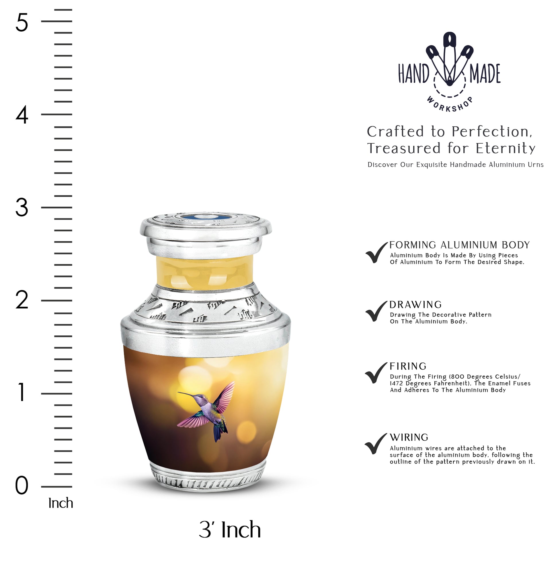 Warm Gold Hummingbird Cremation Urn top-down view of secure threaded lid - stylized abstract hummingbird pattern with bold lines - mini keepsake memorial for portion of cremation ashes