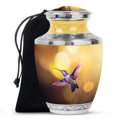 Harvest Gold Hummingbird Cremation Urn side profile showing urn shape - artistic hummingbird interpretation with creative detail - full-size 10 inch 200 cubic inch adult cremation urn