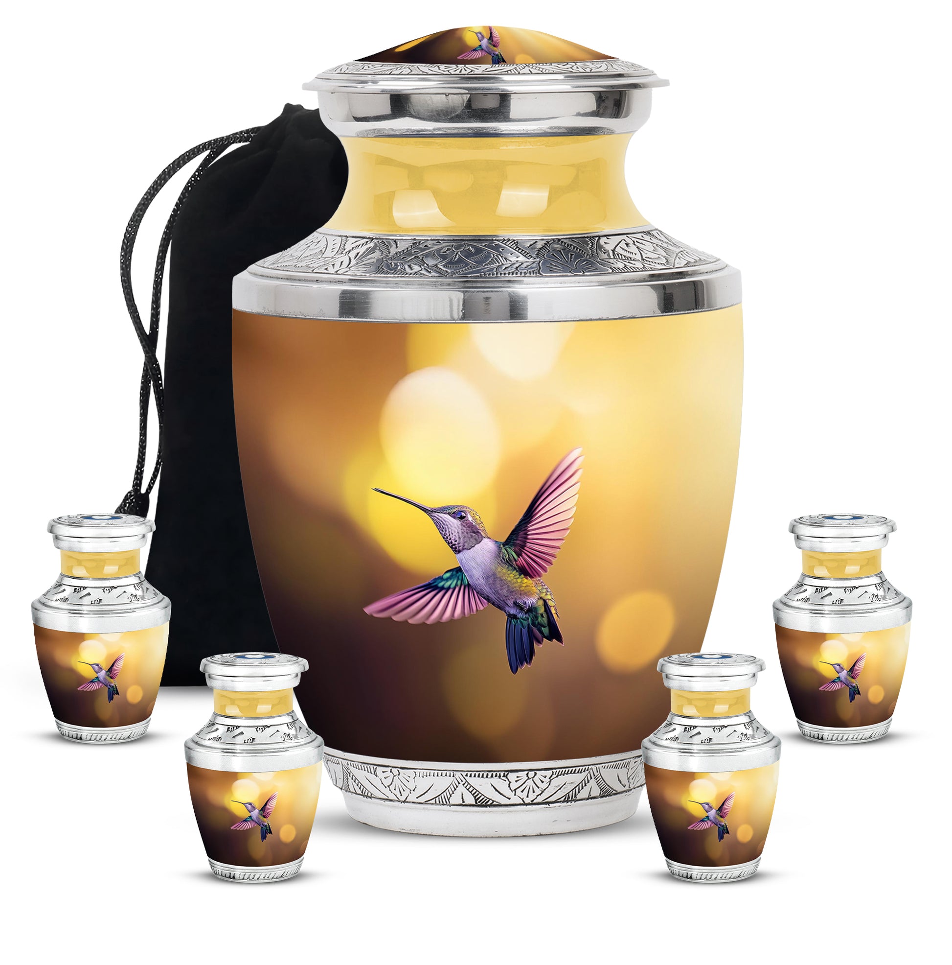 Antique Gold Hummingbird Cremation Urn lifestyle display on memorial shelf - modern art-inspired hummingbird motif on sleek aluminum - memorial set with one large and four small urns