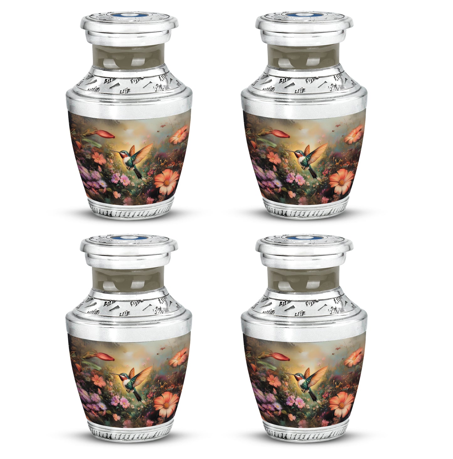 Warm Gold Hummingbird Cremation Urn back view with polished surface - stylized abstract hummingbird pattern with bold lines - 10 inch aluminum urn for cremated remains