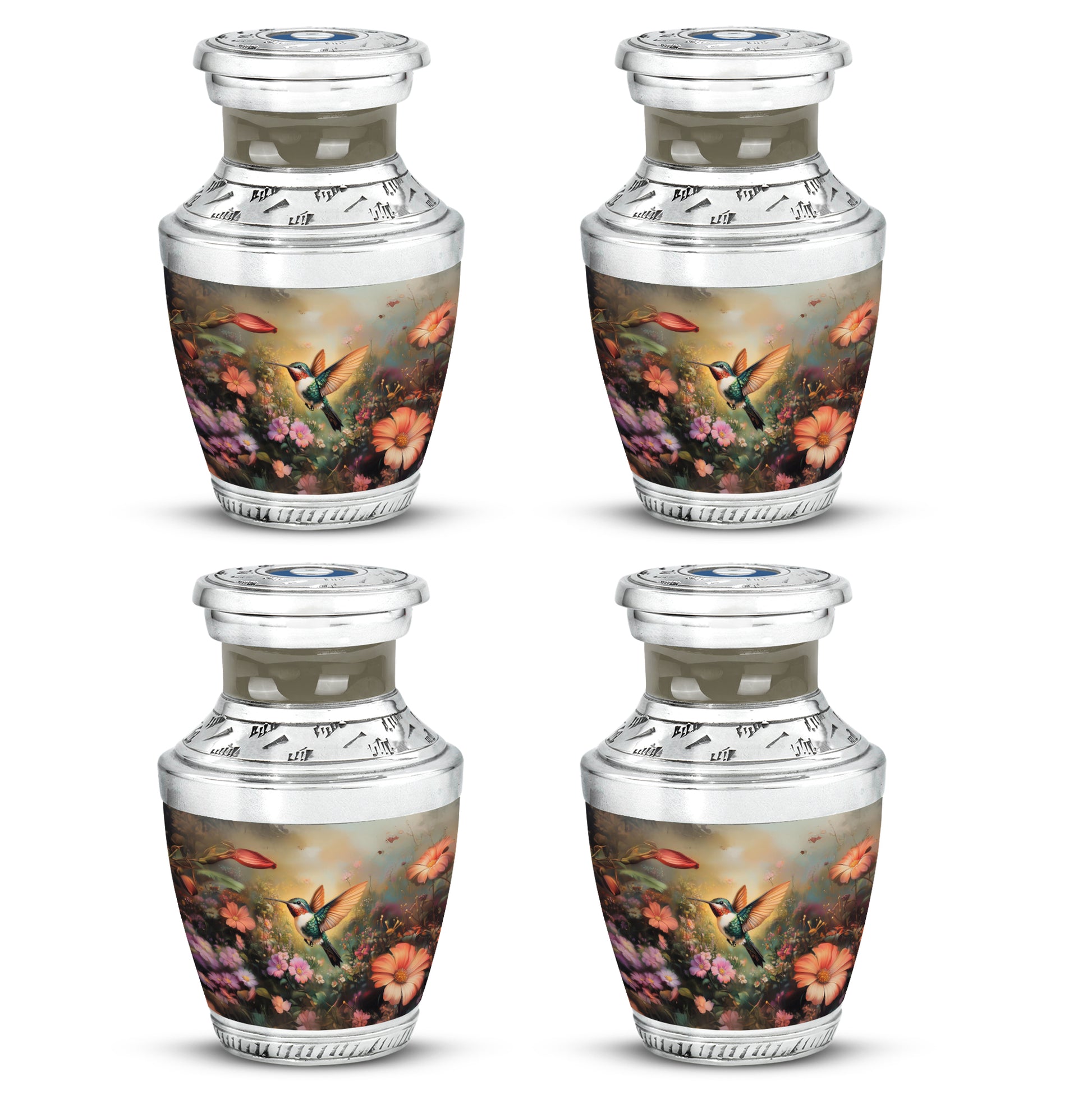 Warm Gold Hummingbird Cremation Urn back view with polished surface - stylized abstract hummingbird pattern with bold lines - 10 inch aluminum urn for cremated remains