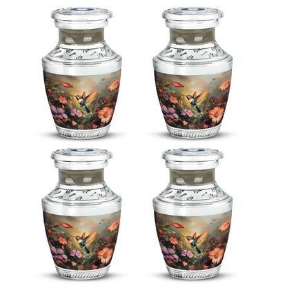 Warm Gold Hummingbird Cremation Urn back view with polished surface - stylized abstract hummingbird pattern with bold lines - 10 inch aluminum urn for cremated remains