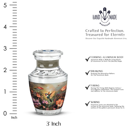 Antique Gold Hummingbird Cremation Urn top-down view of secure threaded lid - contemporary hummingbird design with modern artistic flair - mini keepsake memorial for portion of cremation ashes