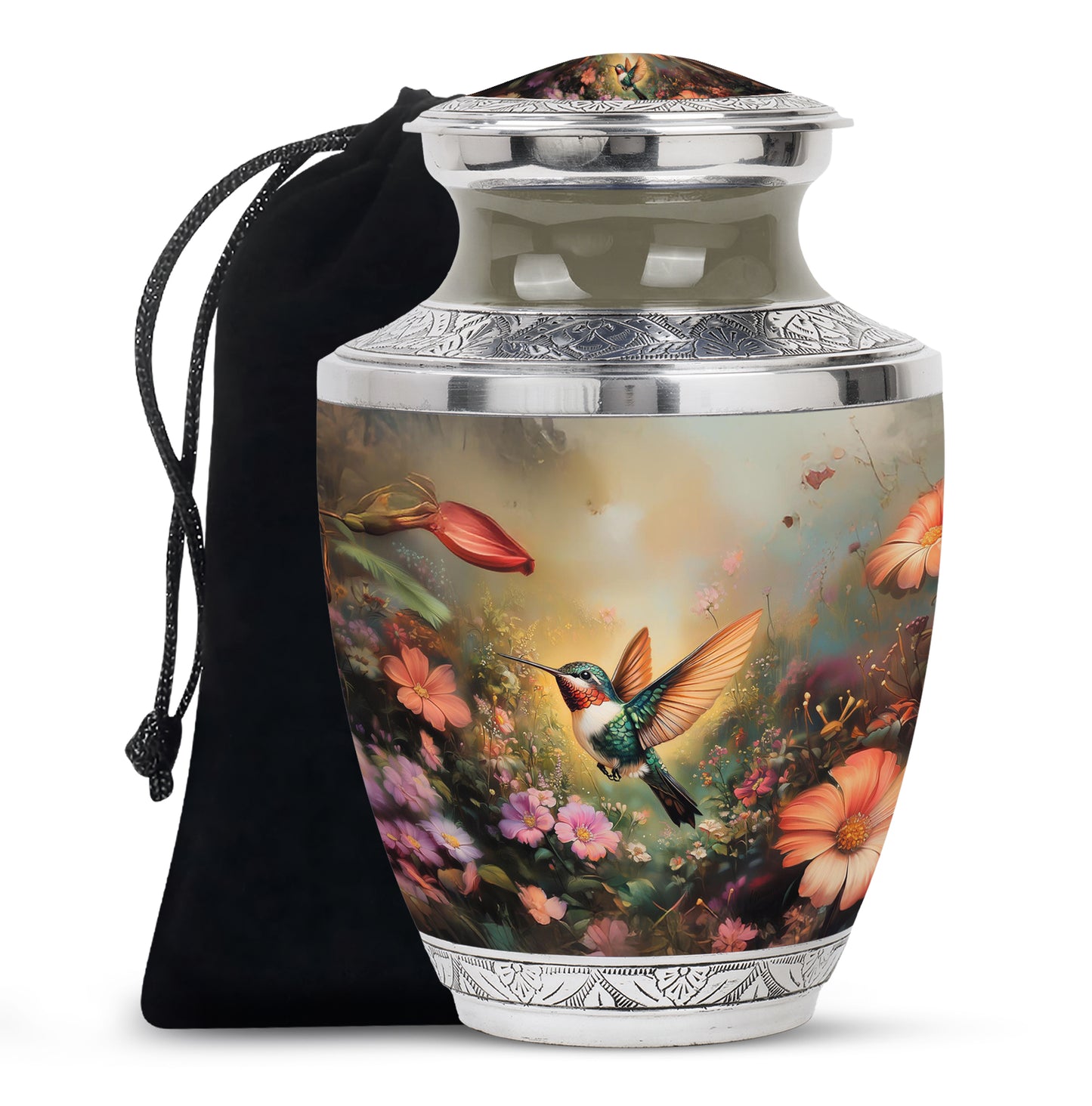 Gilded Gold Hummingbird Cremation Urn side profile showing urn shape - modern art-inspired hummingbird motif on sleek aluminum - full-size 10 inch 200 cubic inch adult cremation urn
