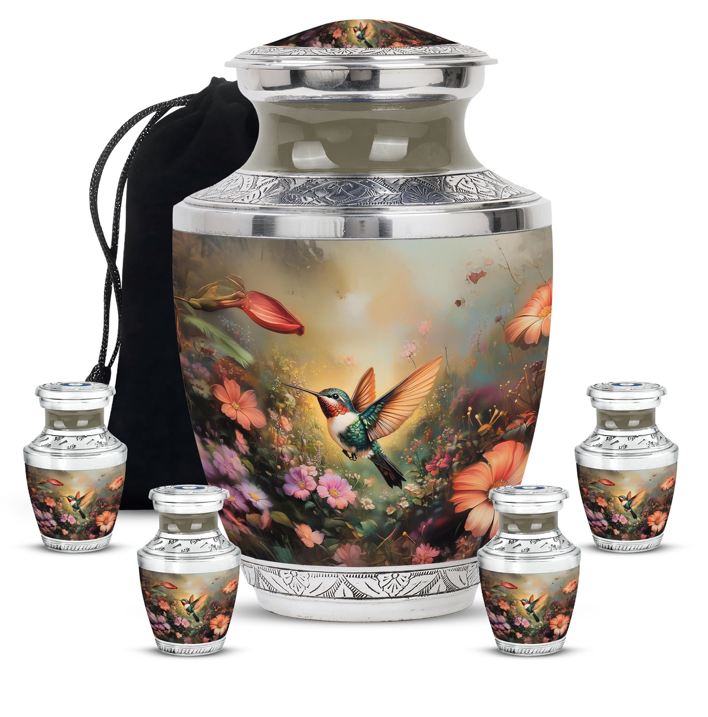 Amber Gold Hummingbird Cremation Urn lifestyle display on memorial shelf - contemporary hummingbird design with modern artistic flair - memorial set with one large and four small urns