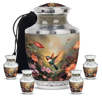 Amber Gold Hummingbird Cremation Urn lifestyle display on memorial shelf - contemporary hummingbird design with modern artistic flair - memorial set with one large and four small urns